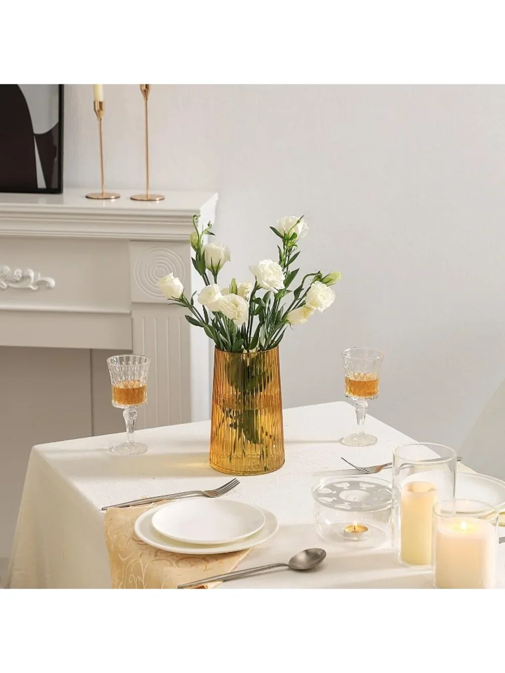 8 Inches Modern Yellow Glass Vase Flower Bouquet Living Room Bedroom Home Deco